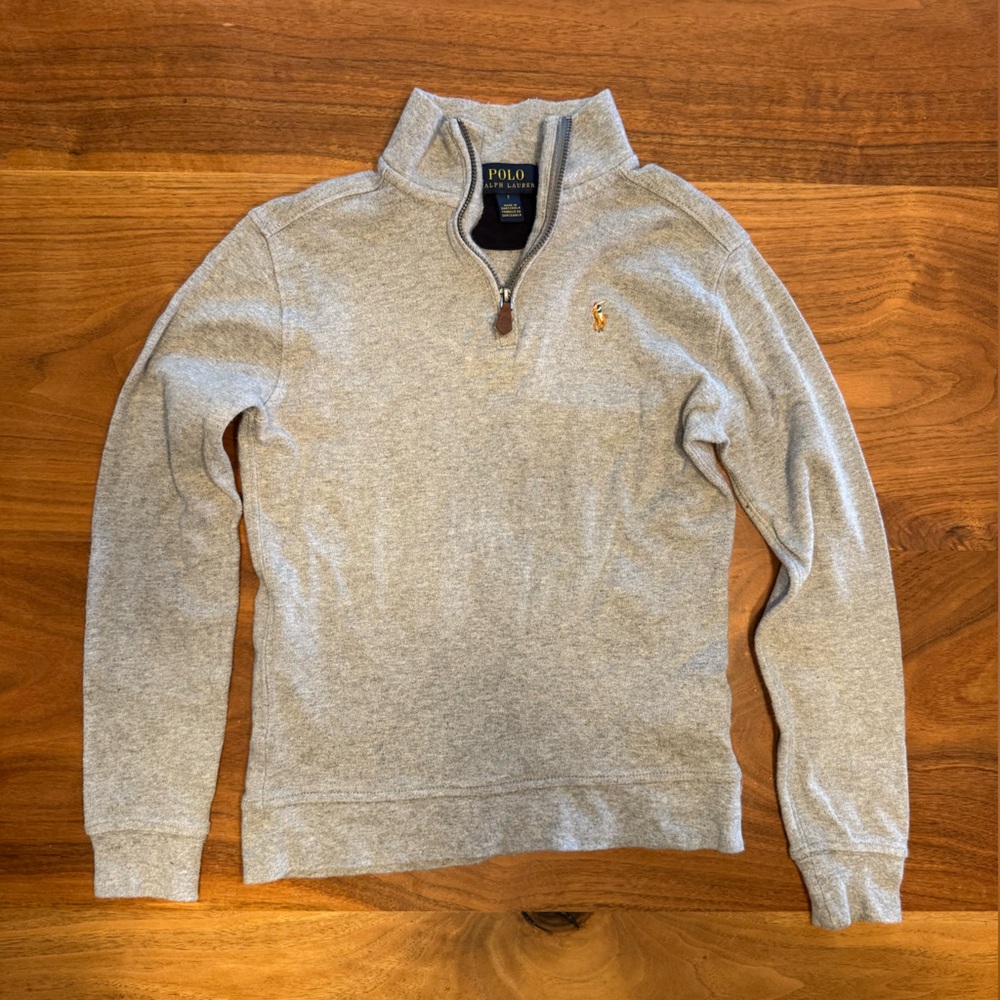 Polo by Ralph Lauren Boys Gray Cotton Interlock Quarter-Zip Pullover, size 7